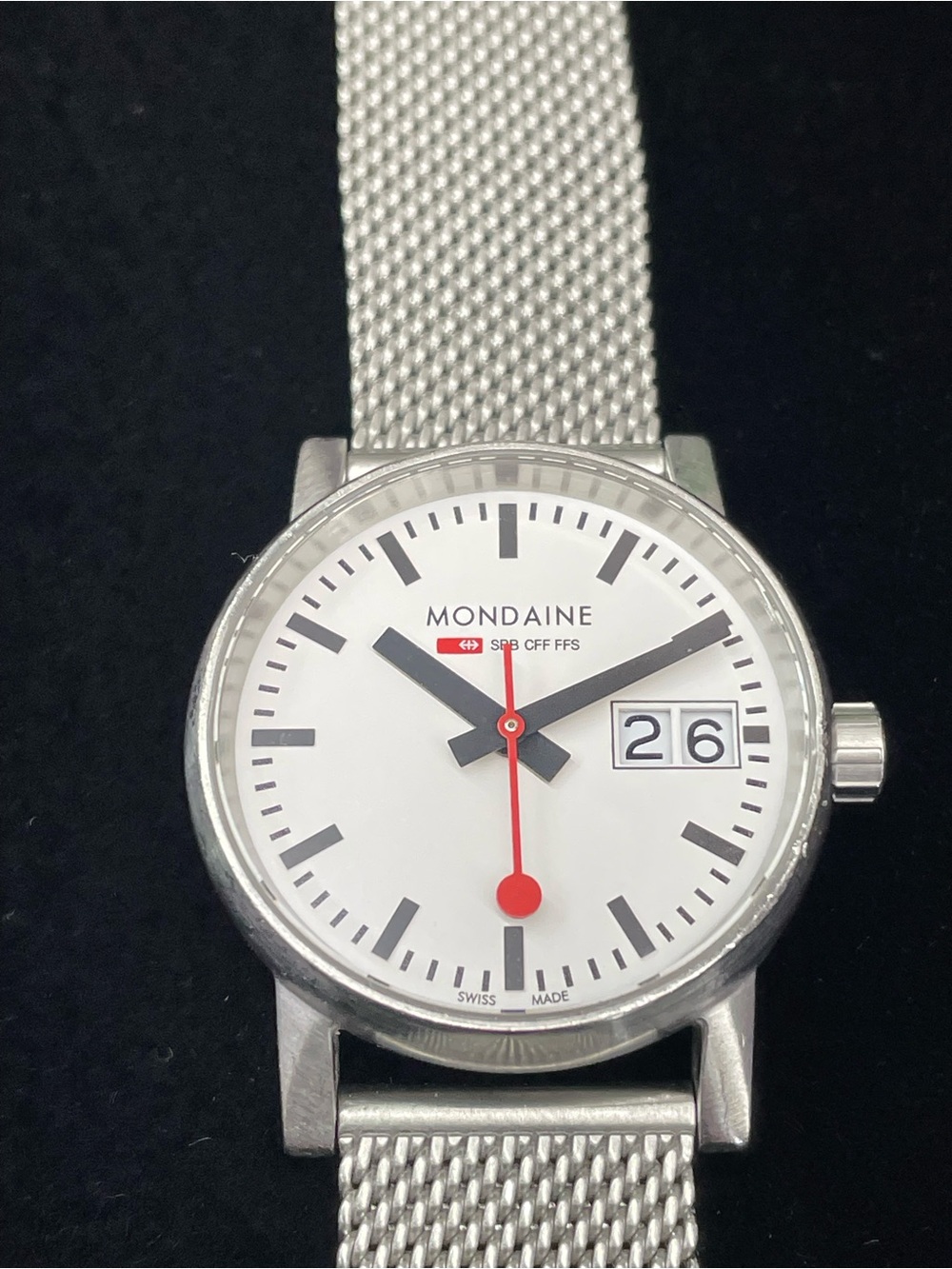 Mondaine Silver Mesh Watch with White Dial and Red Seconds Hand